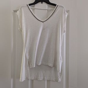 Jennifer Lopez White V-Neck Beaded Shortest Sleeves Top, Small